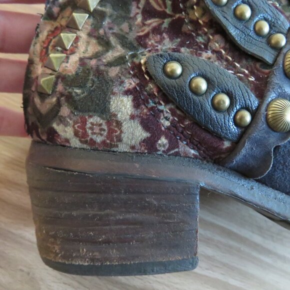 A.S. 98 Blue Floral Velvet Studded Bohemian Leather Ankle Booties Boots - Picture 7 of 15